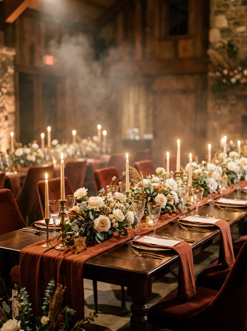A reception table with ivory roses and candles