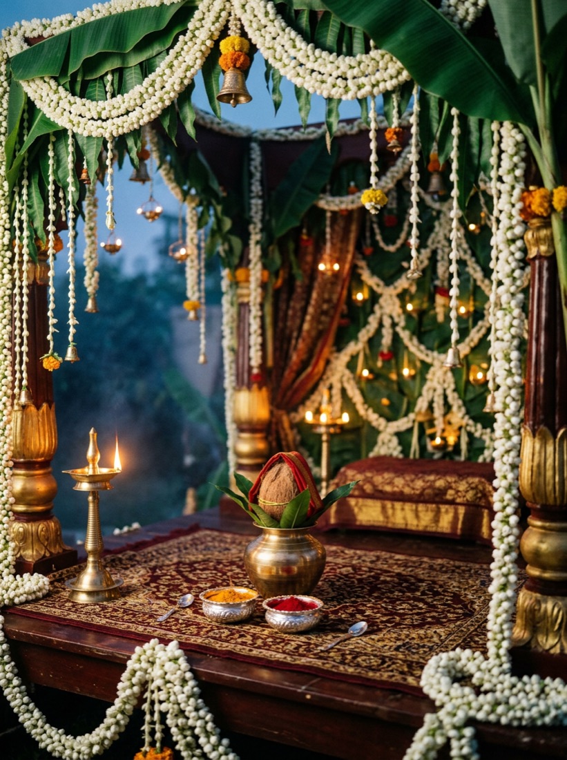 A mandap of white mogra and banana leaves