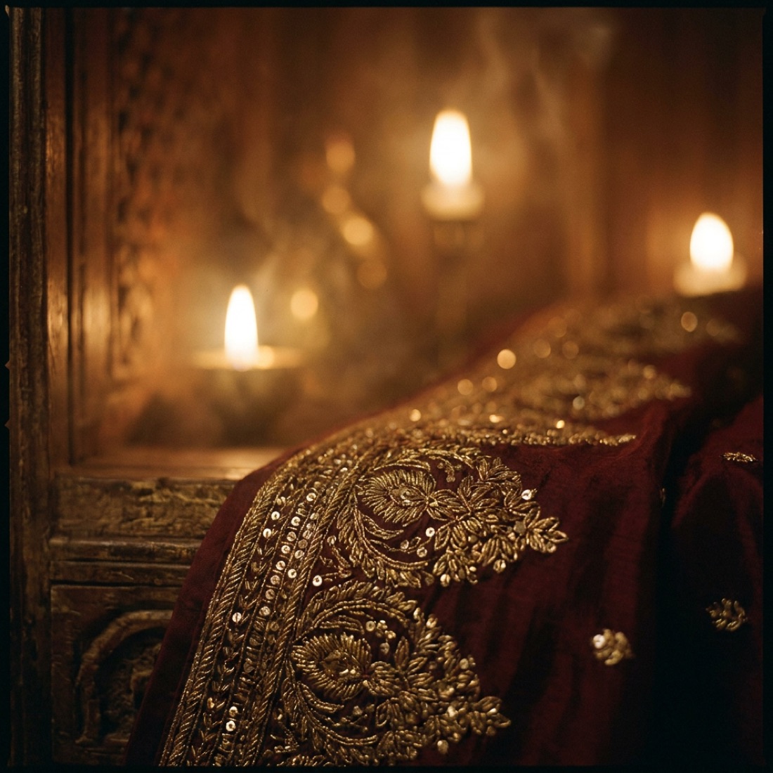 Gold zari embroidery on oxblood silk