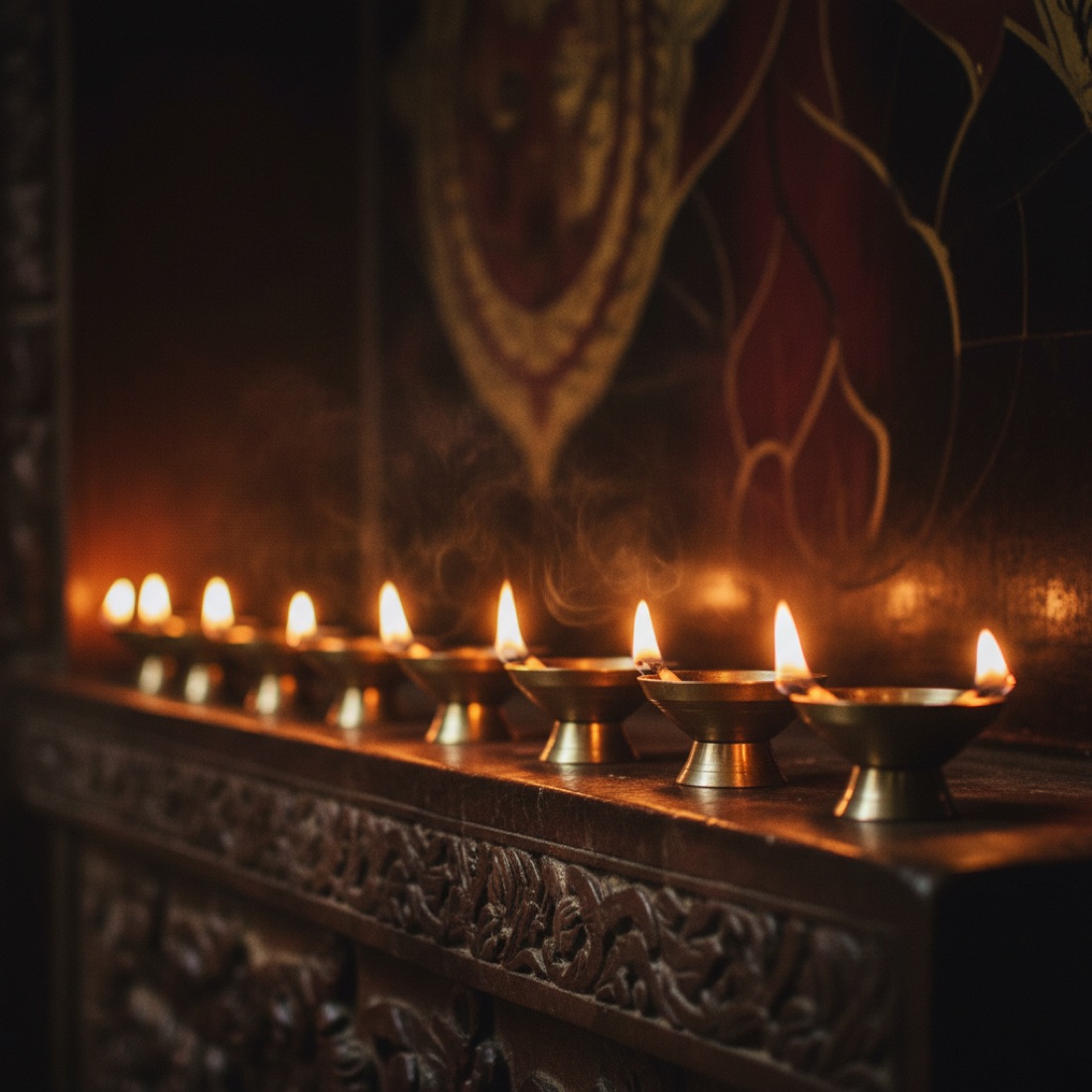 A row of brass diya lamps