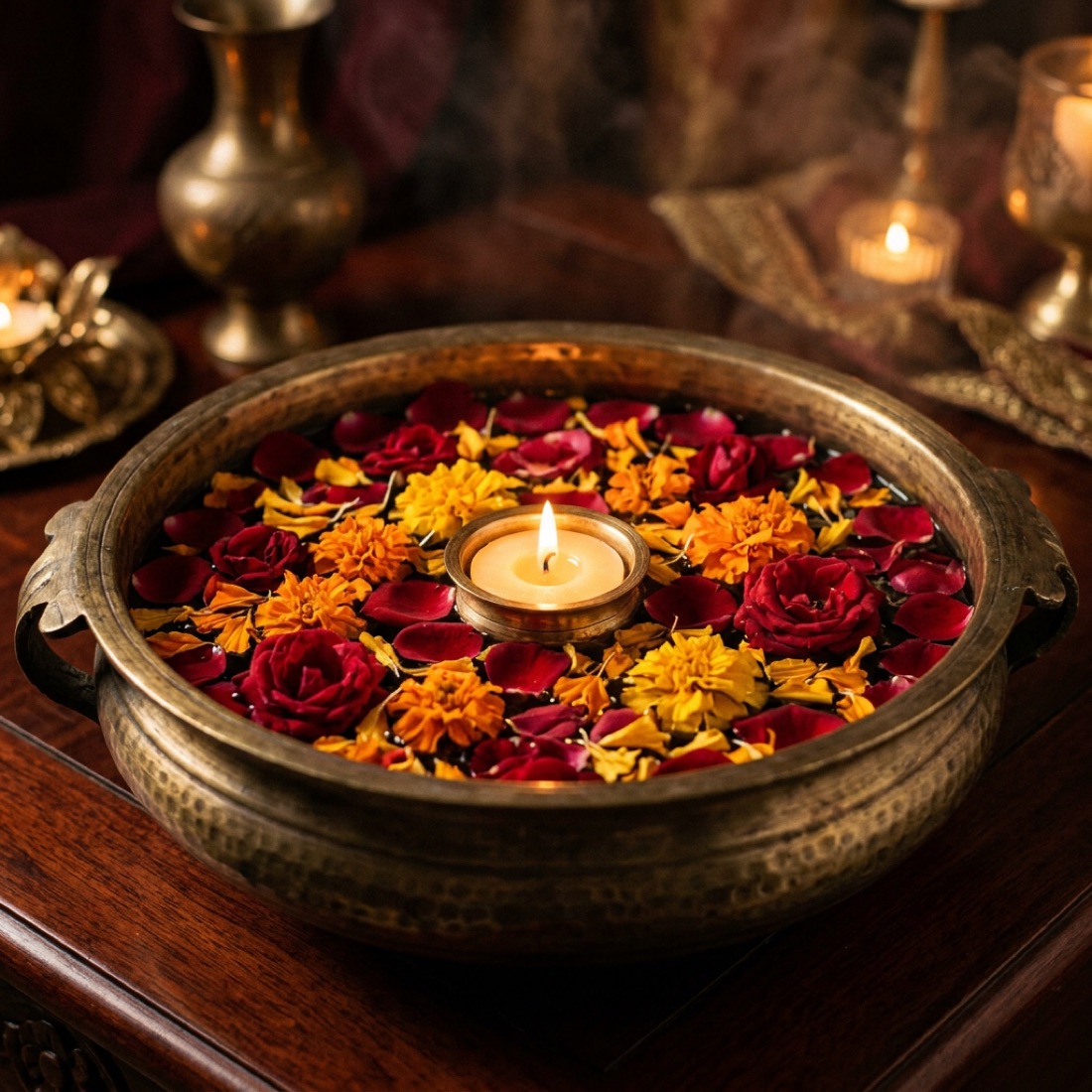 Petals floating in a brass urli