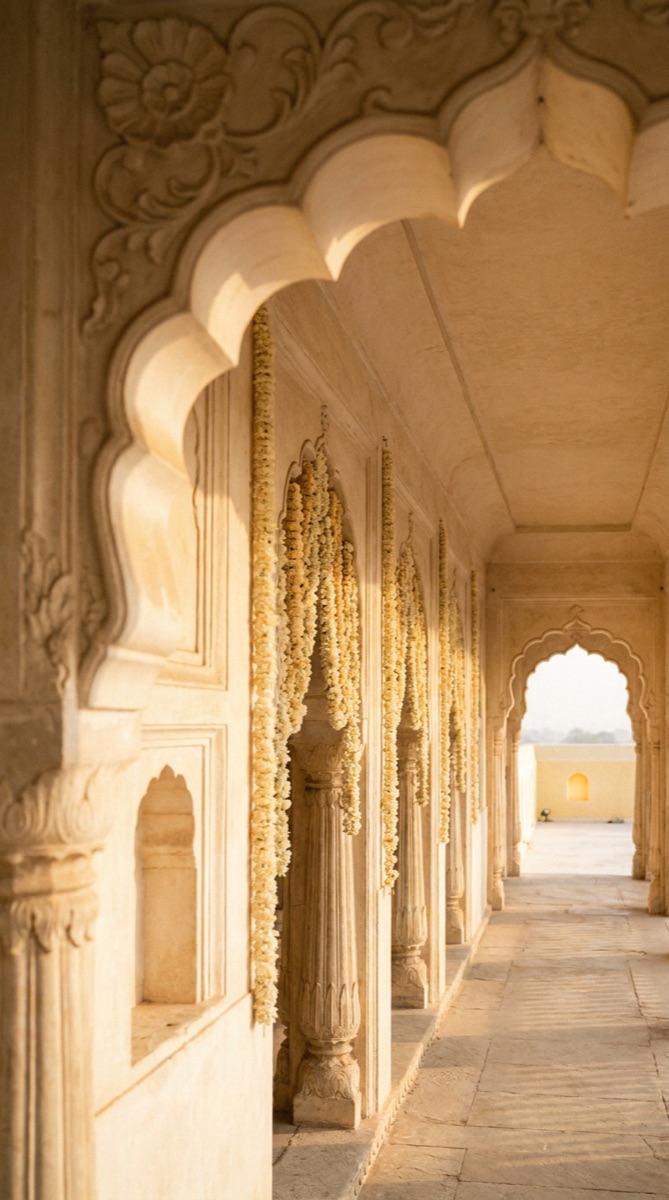 A sunlit palace colonnade hung with mogra garlands