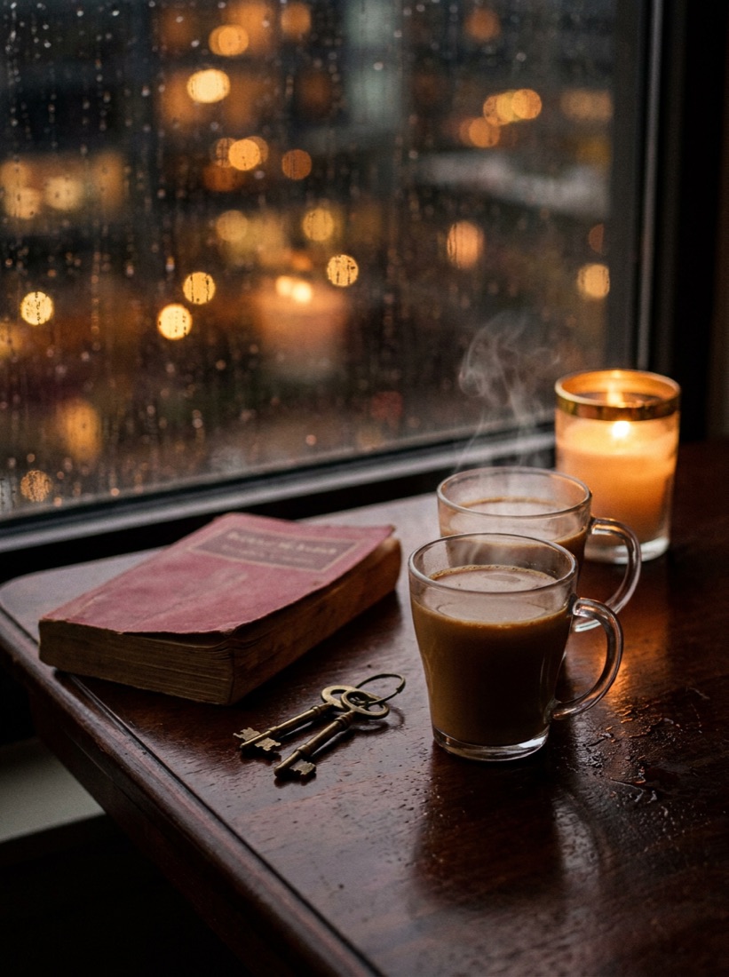 Two cups of chai on a rain-wet table