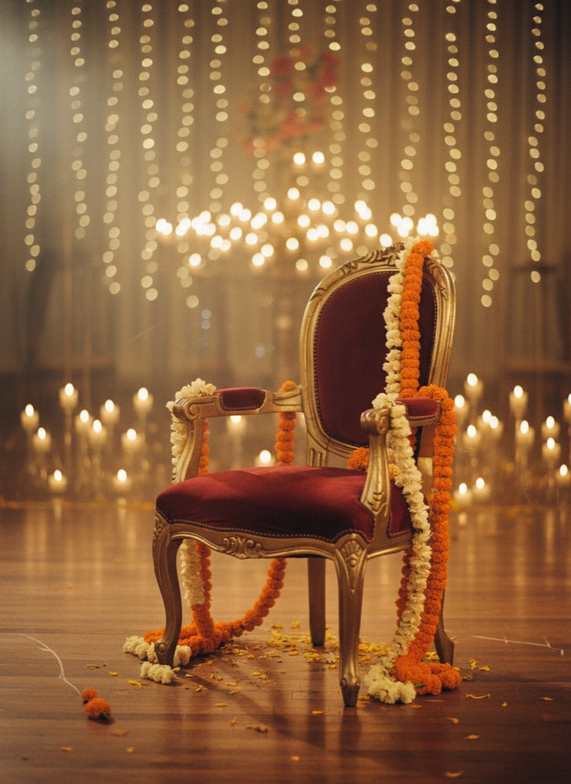 An empty gilded chair at a sangeet