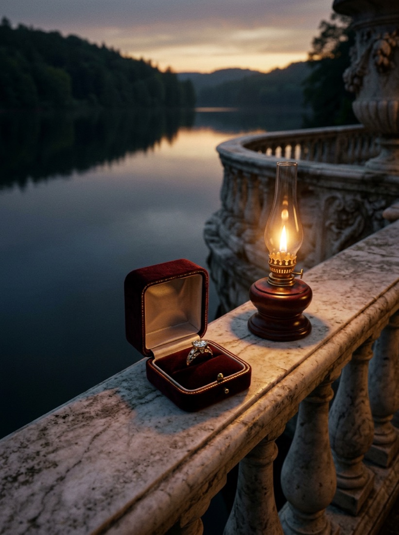 A ring box on a marble balustrade above the lake
