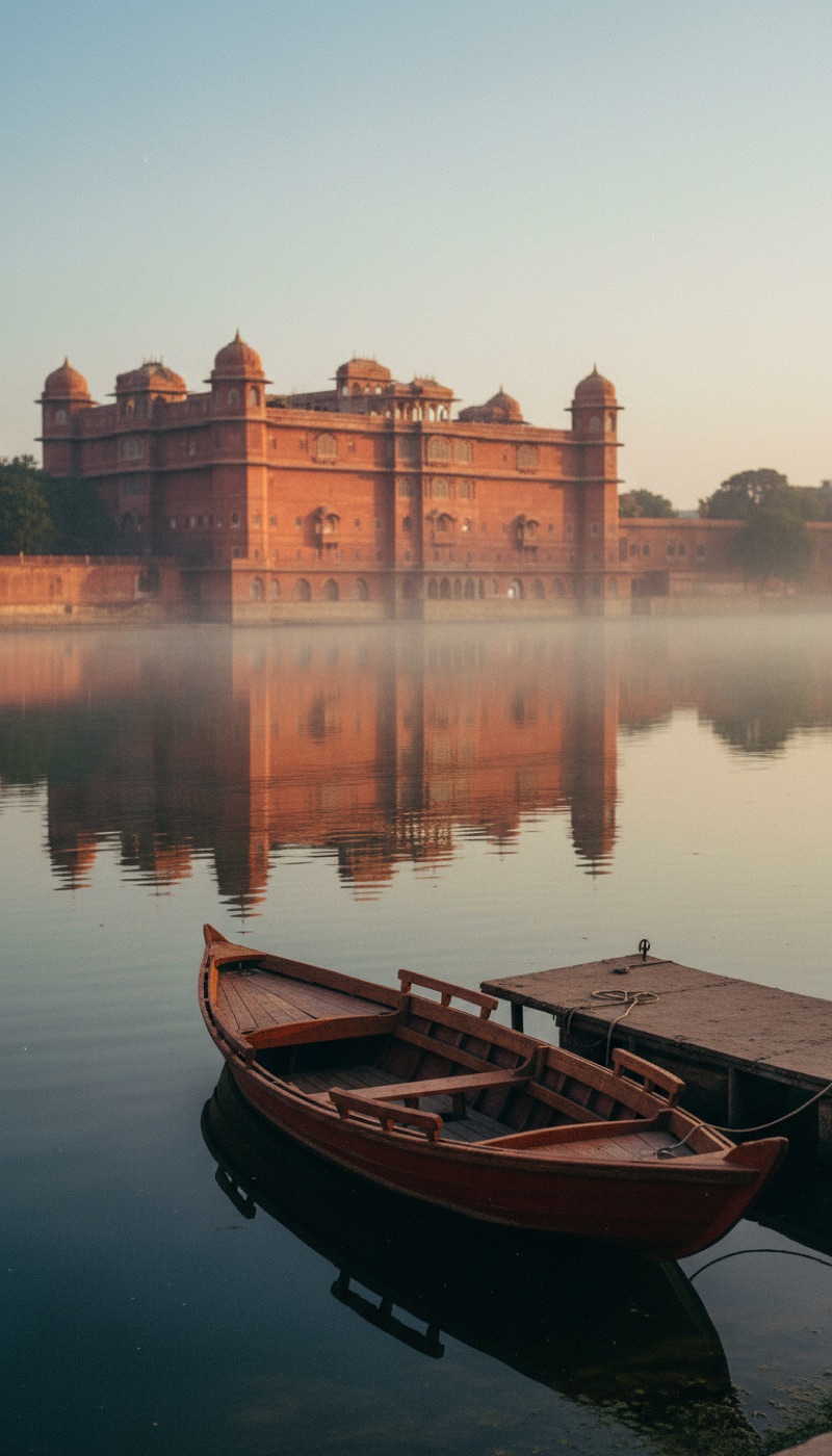 Udaipur city palace across the lake at golden hour